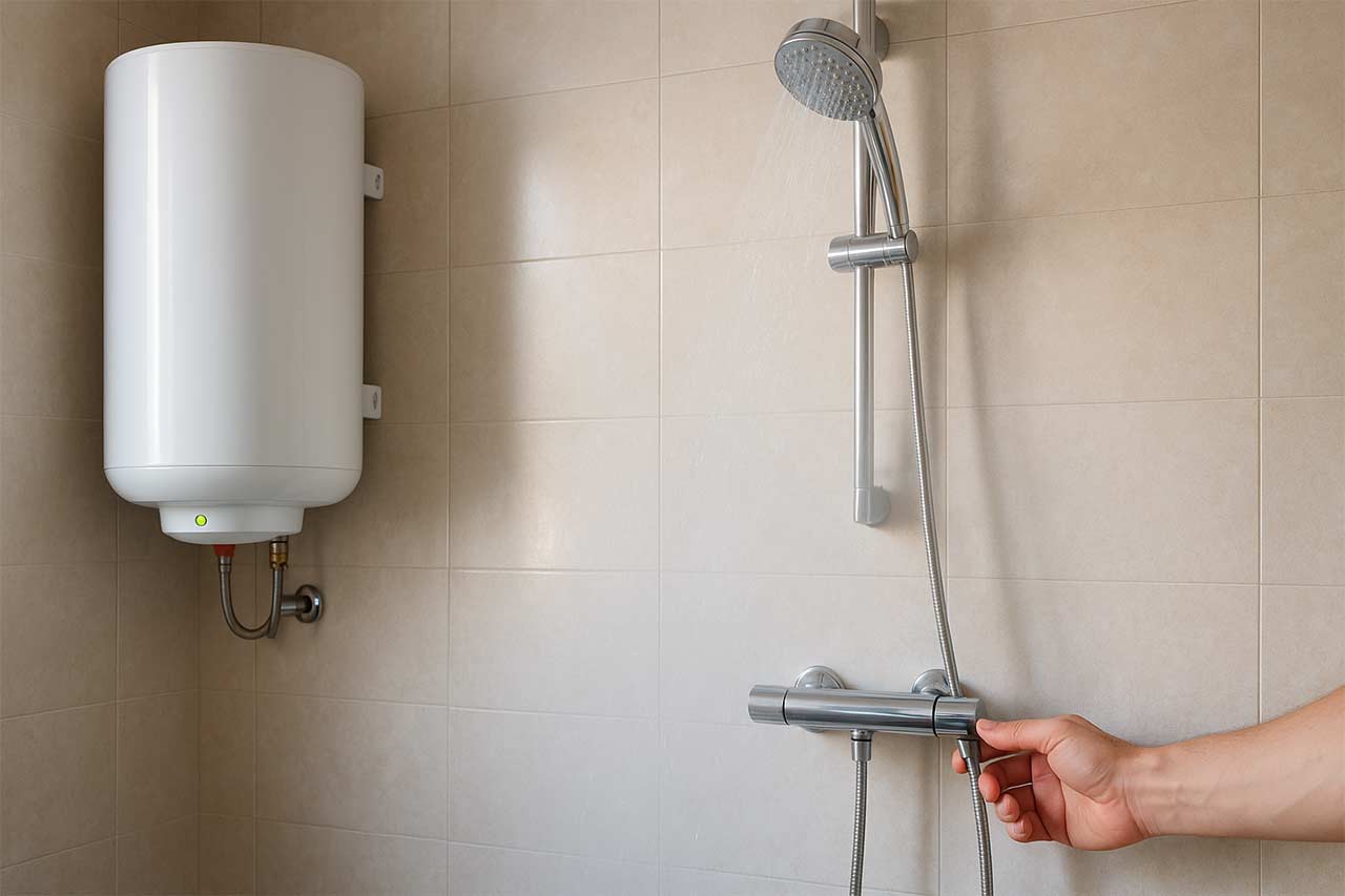 Chauffe-eau mural et mitigeur thermostatique réglés pour une eau à température sûre, douche légèrement vaporeuse