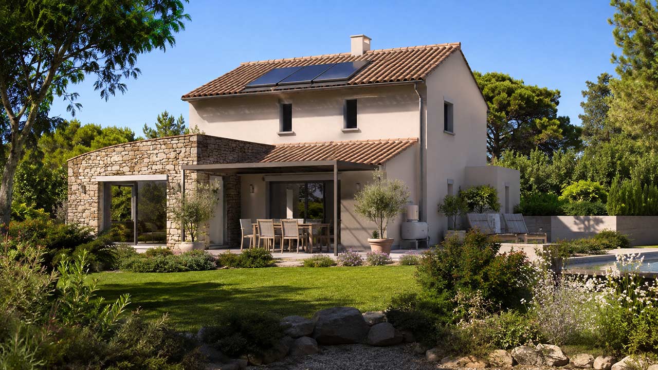Maison française en plein été avec capteurs solaires thermiques sur toiture, ballon discret et lumière naturelle