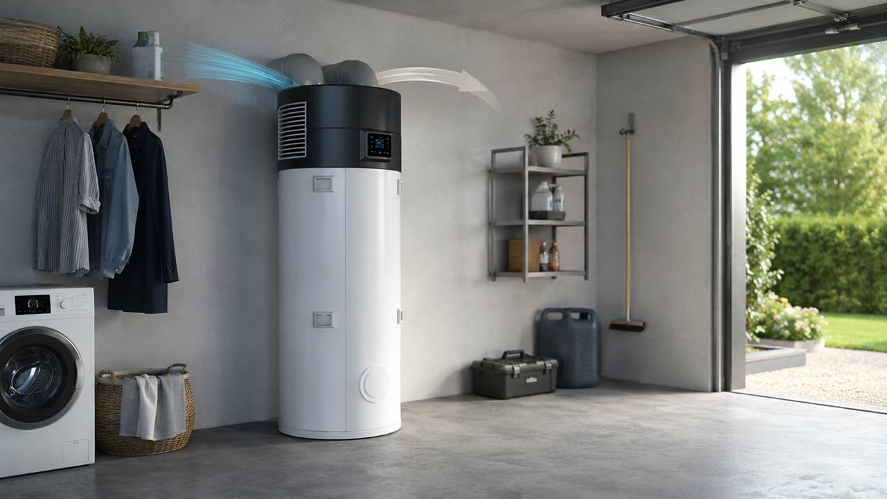 Chauffe-eau thermodynamique installé dans un garage lumineux et ventilé
