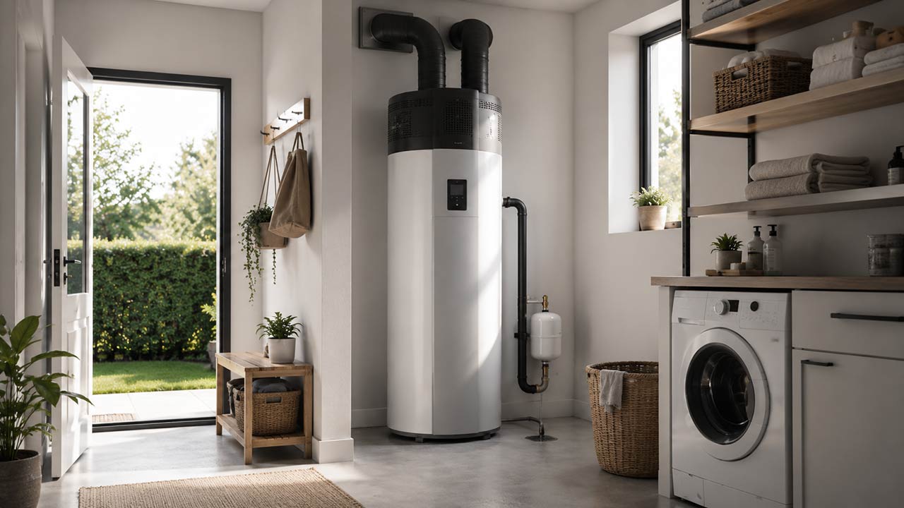Chauffe-eau thermodynamique installé dans une buanderie avec gaines d’air