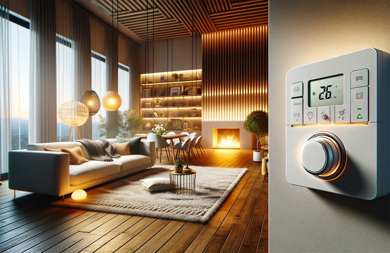 thermostat de chauffage au sol dans une maison contemporaine, avec une vue sur un salon moderne où le chauffage est en fonction