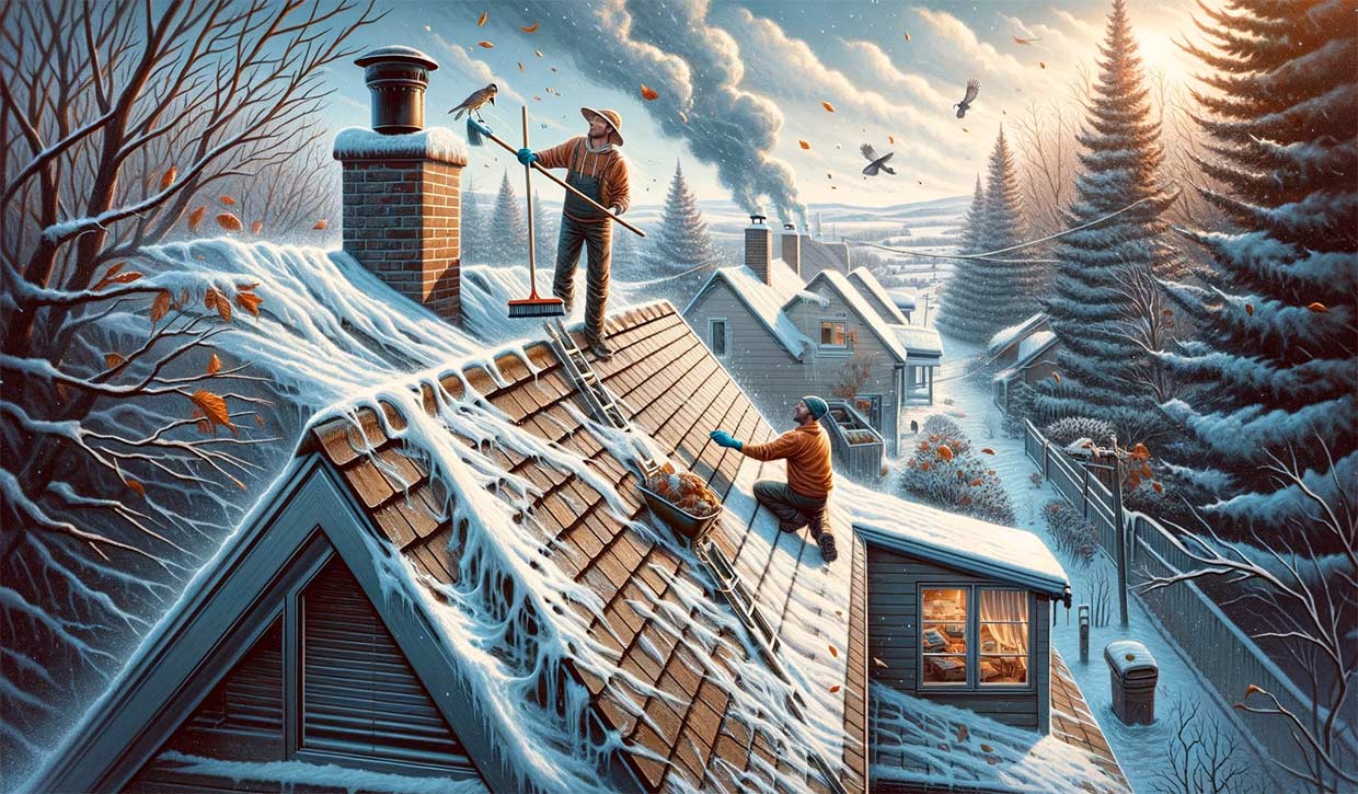 Au premier plan, une personne inspecte soigneusement un toit avec des tuiles légèrement endommagées. Au second plan, un autre individu nettoie des gouttières enlevées par les feuilles et débris. L'arrière-plan montre une maison en hiver, avec des barrages de glace visibles sur le toit et de la neige accumulée autour.