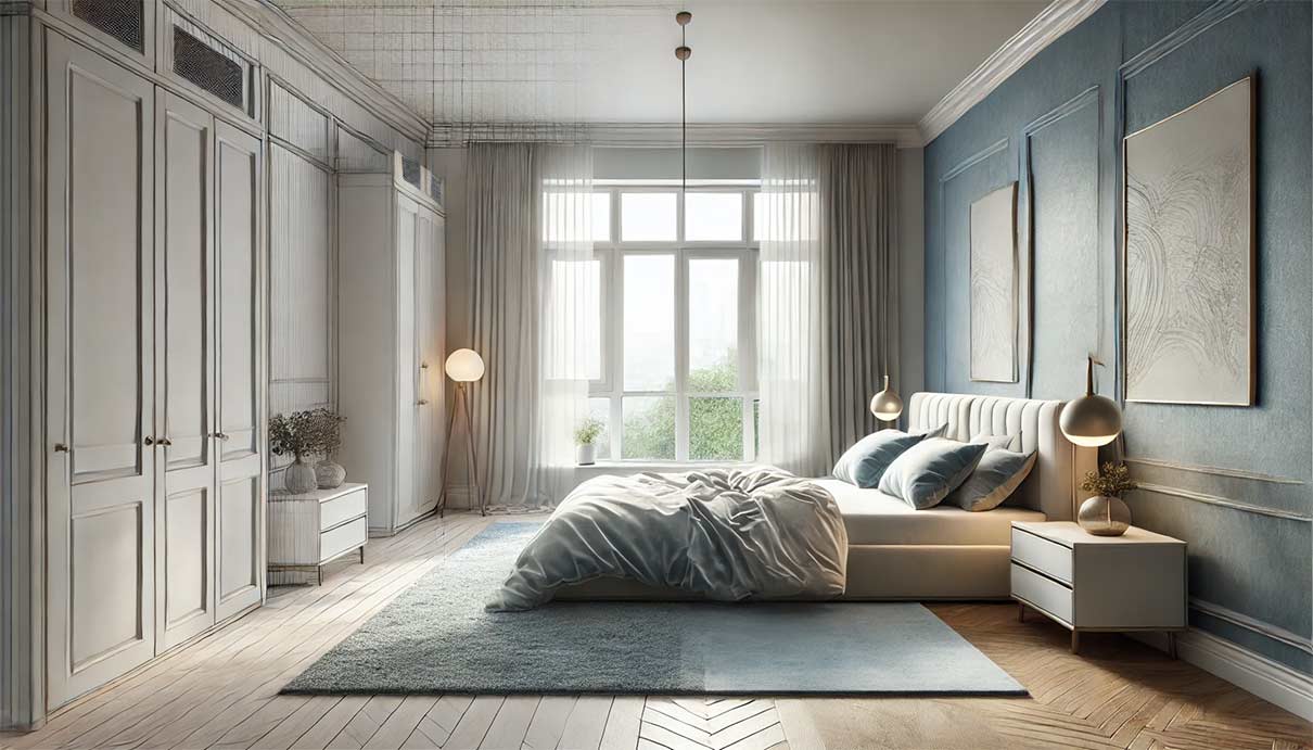 Une chambre à coucher moderne en cours de rénovation. L'espace est de taille moyenne et la lumière pénètre par de grandes fenêtres, ce qui crée une atmosphère paisible. Le lit est placé stratégiquement, accessible des deux côtés, avec un design confortable et élégant. La pièce est dominée par des tons neutres, comme des bleus et des blancs doux, qui créent un effet apaisant.