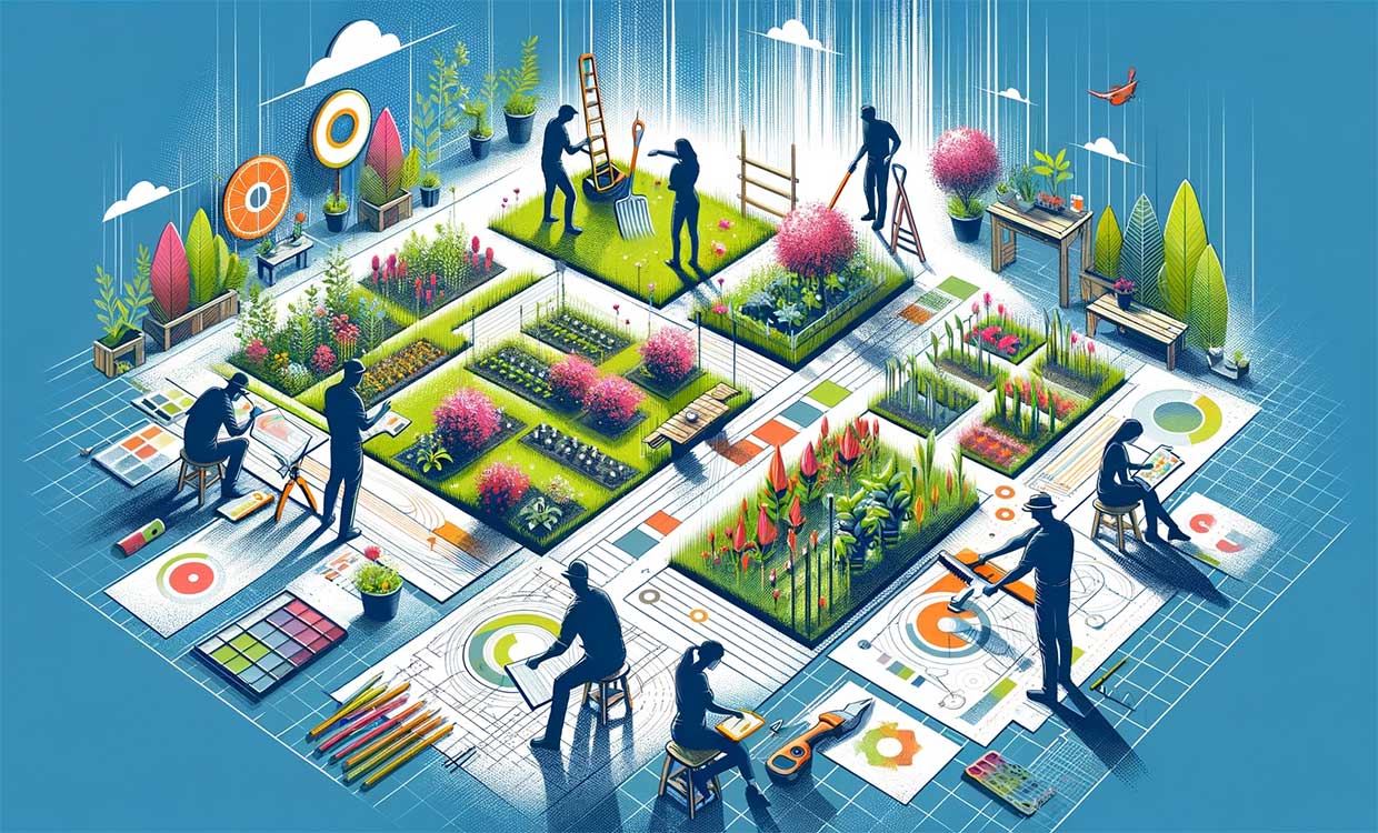individus utilisant des outils modernes et des plans pour aménager l'espace extérieur