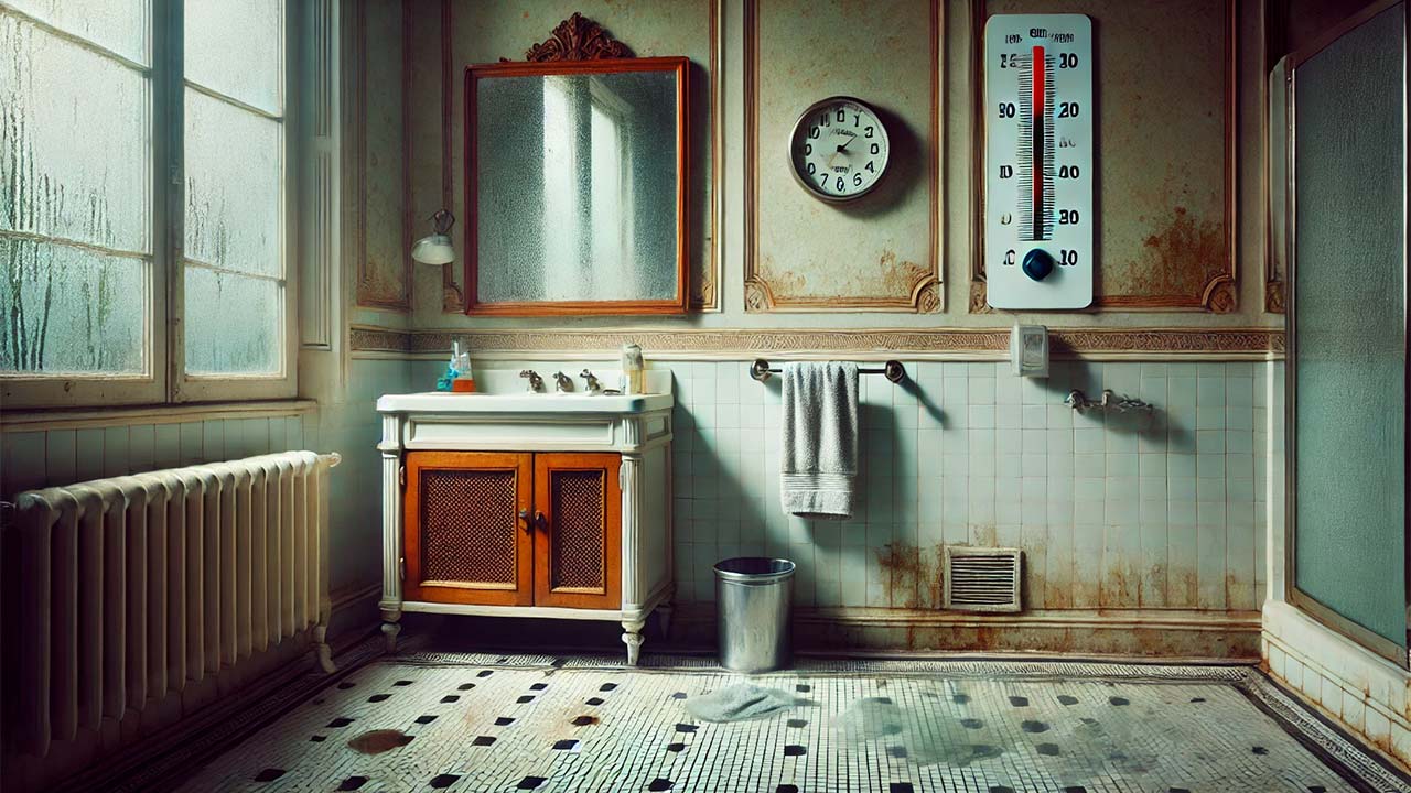 salle de bain fraîchement utilisée avec des miroirs embués et des traces d’eau sur les murs. Un extracteur d’air est visible mais semble hors service. Une serviette humide pend sur un porte-serviettes, et un sol carrelé montre des flaques d’eau. Un hygromètre posé sur une étagère affiche un taux d’humidité élevé.