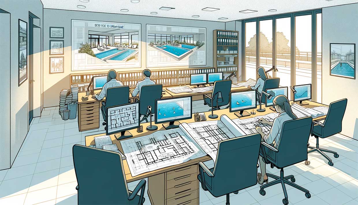 bureau de service d'urbanisme, avec des employés examinant des plans de construction de piscines intérieures. Le bureau est moderne, avec des écrans d'ordinateur, des plans déployés sur les bureaux et des cartes murales