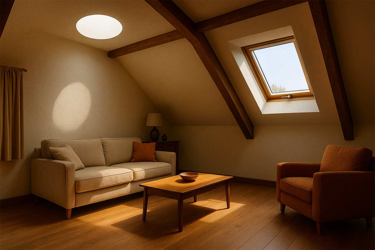 Vue en plongée d’un séjour mansardé, avec un puits de lumière et une fenêtre de toit, lumière douce et ombres contrôlées, ambiance chaleureuse.
