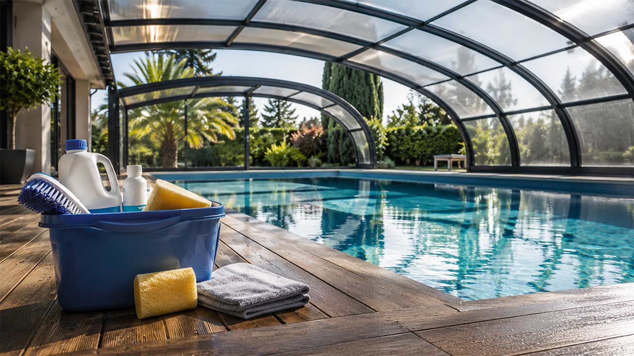 Photo réaliste d’un abri de piscine moderne en polycarbonate au-dessus d’un bassin propre, avec seau, éponge douce et brosse posés sur une terrasse en bois