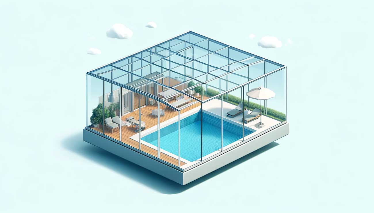 illustration isométrique montrant une piscine avec un abri bas transparent, en polycarbonate, permettant une isolation thermique. L’espace inclut des détails comme des transats, un environnement propre et un ciel partiellement nuageux reflétant les avantages d’un abri contre les intempéries.