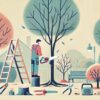 L'image montre un jardin bien entretenu avec des arbres taillés, un élagueur équipé de harnais et d'outils comme une scie et une tronçonneuse, en train de tailler un arbre. En arrière-plan, des arbustes, des outils posés sur le sol et une échelle sont visibles.