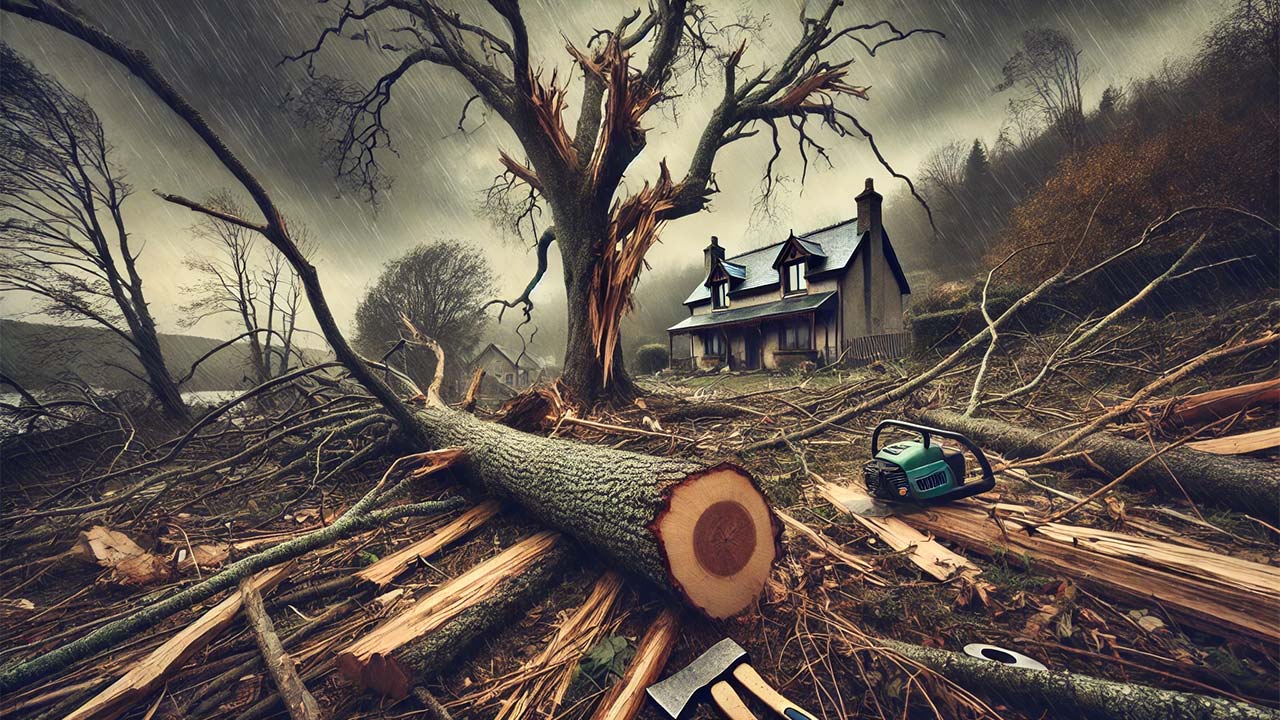  paysage montrant un arbre malade et gravement endommagé après une tempête, avec des branches cassées tombées sur le sol et une maison proche en arrière-plan. Le ciel est sombre pour illustrer un danger imminent, et une tronçonneuse est visible à proximité pour préparer son abattage.