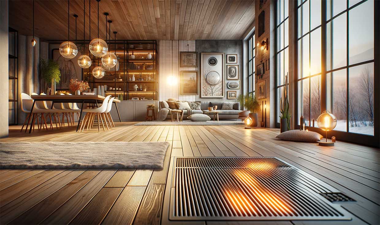 intérieur domestique contemporain avec un plancher chauffant, illustrant le confort et l'ambiance accueillante que procure un tel système