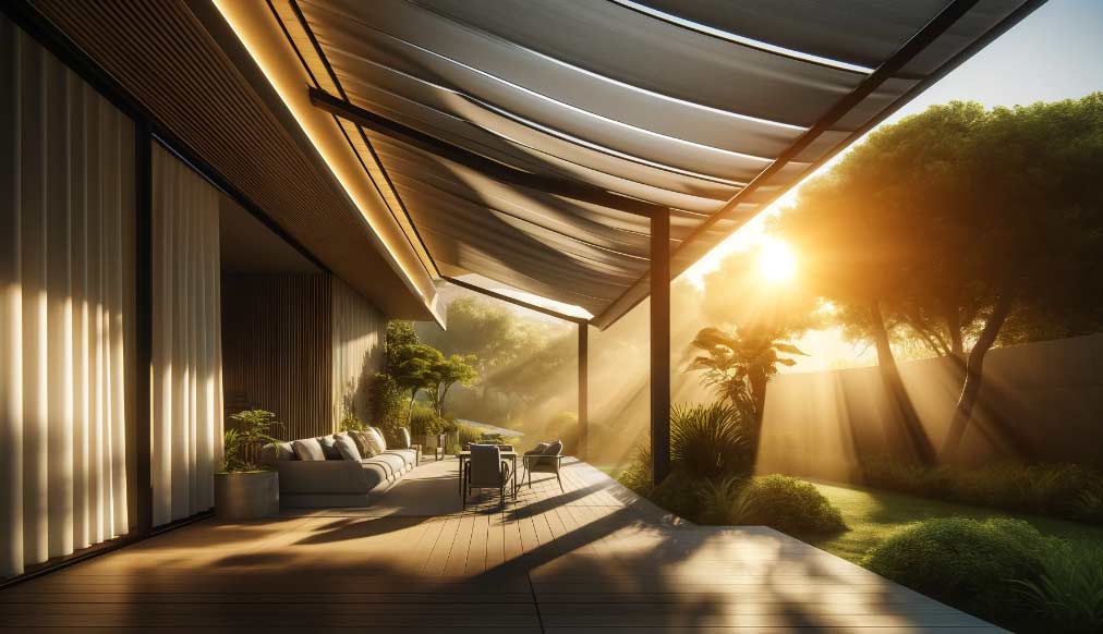 jardin luxuriant, avec le soleil se couchant en arrière-plan, projetant une lumière chaude et dorée sur la scène. Le store est fabriqué à partir de matériaux durables et de haute qualité. Il présente des lignes épurées et un design minimaliste qui s'harmonise avec le style contemporain de la terrasse. Sous l'auvent, des meubles d'extérieur élégants invitent à se détendre et à profiter de la sérénité de l'environnement extérieur