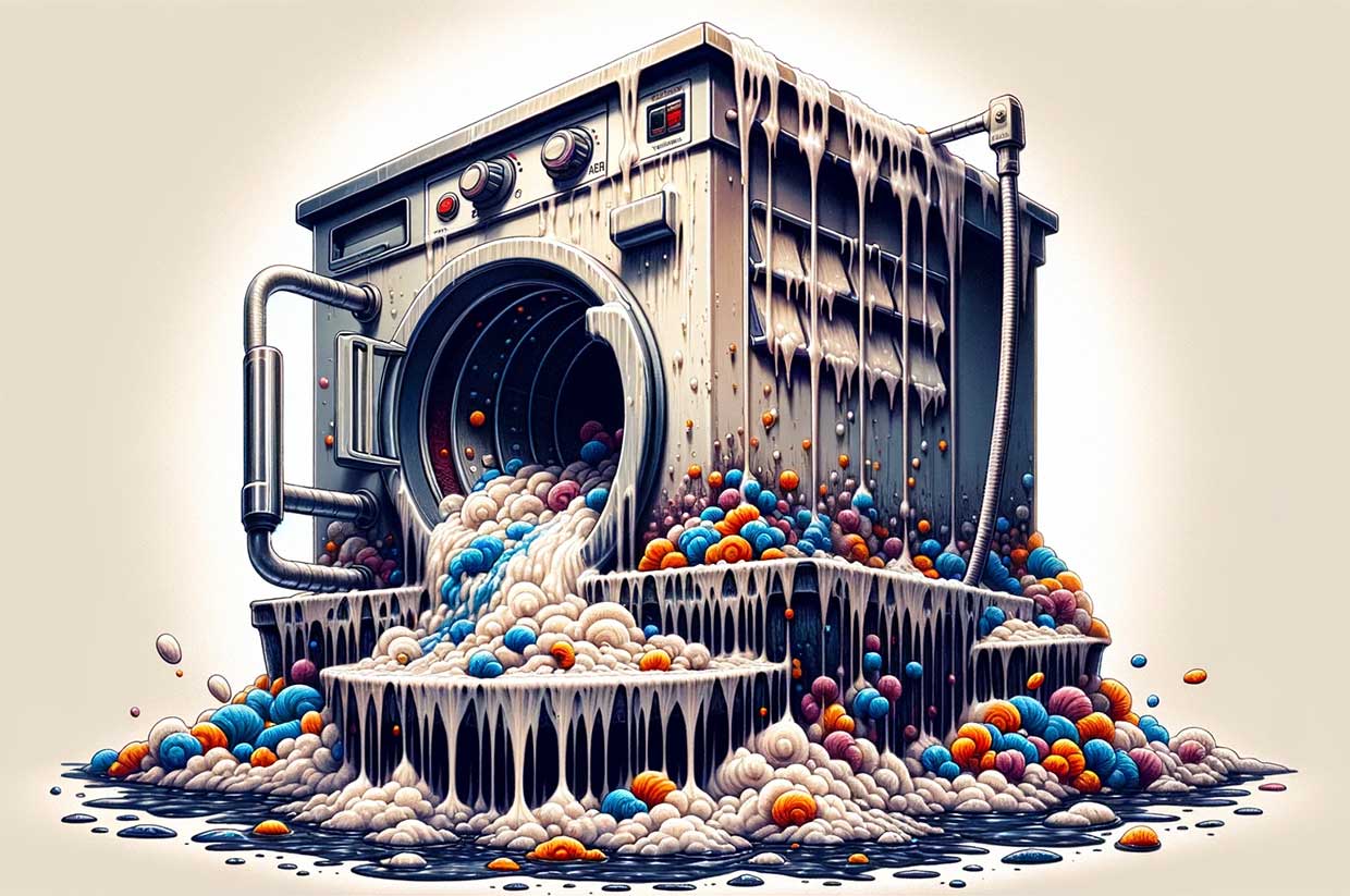 illustration d'une machine à laver montrant l'accumulation de moisissures, de résidus de savon et de tartre
