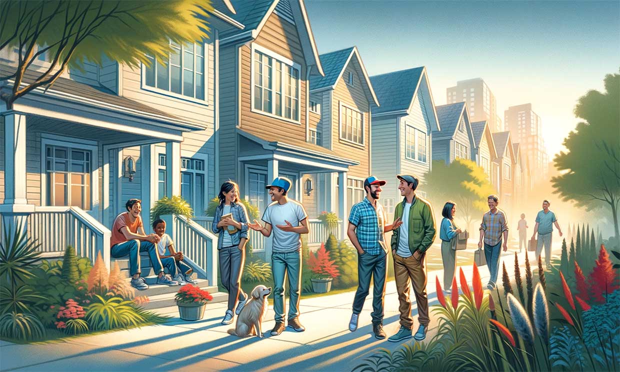 cène paisible montrant des voisins interagissant amicalement dans un quartier résidentiel, avec des maisons en arrière-plan. Ils échangent des sourires et des conversations, certains se trouvant dans leurs jardins, d'autres sur le trottoir, illustrant une coexistence harmonieuse