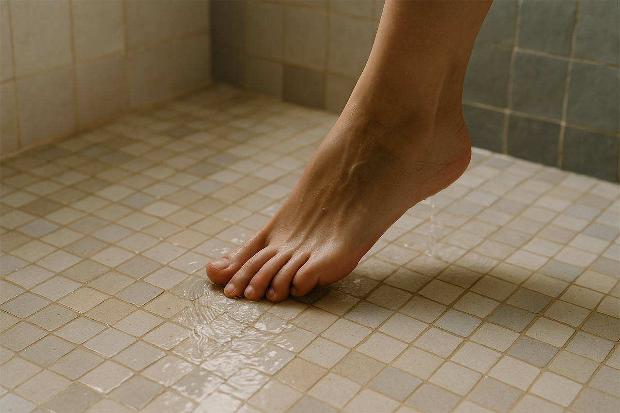 Gros plan d’un pied nu sur un sol de douche en petits carreaux de zellige mat, surface mouillée et joints serrés suggérant une bonne adhérence
