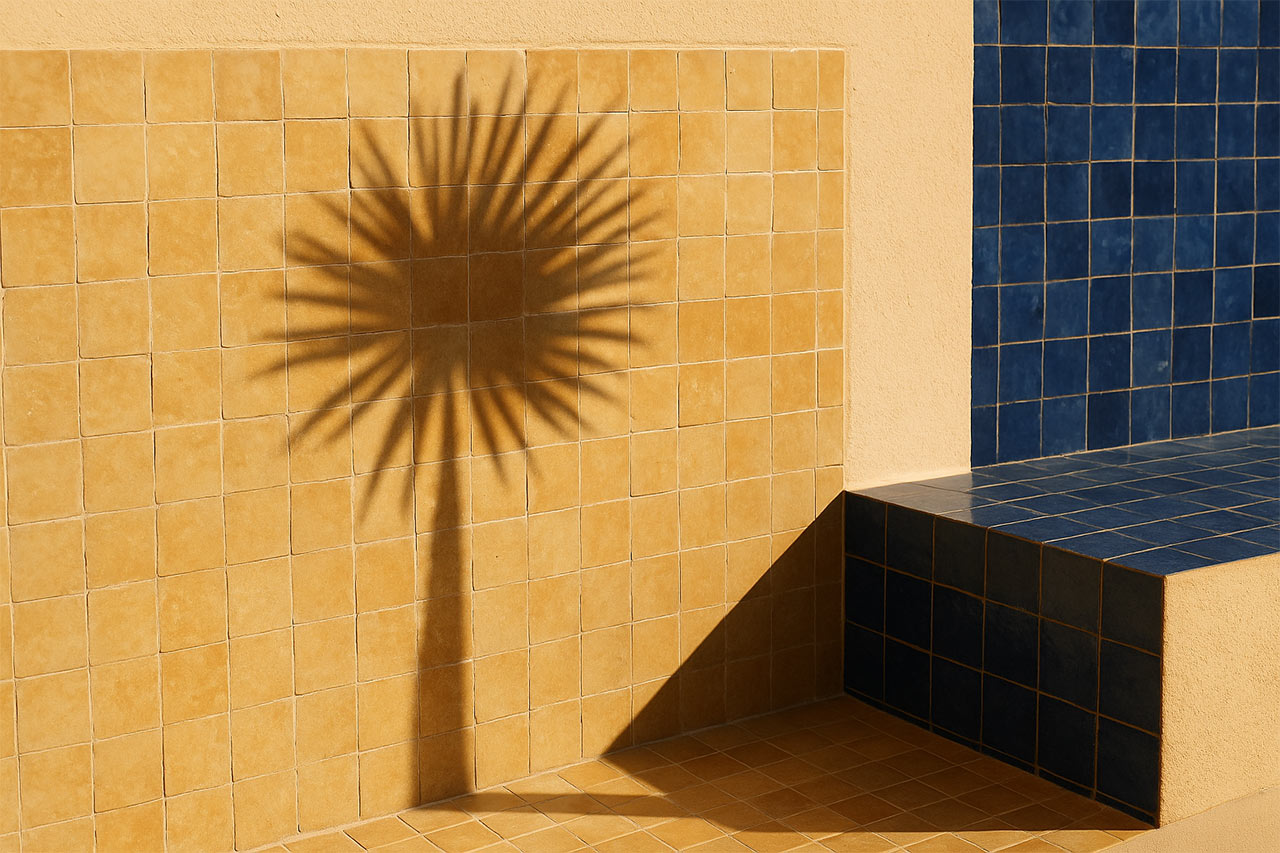 Mur extérieur en zellige sable inondé de soleil avec ombre de palmier, retour en zellige bleu suggérant un climat doux sans gel