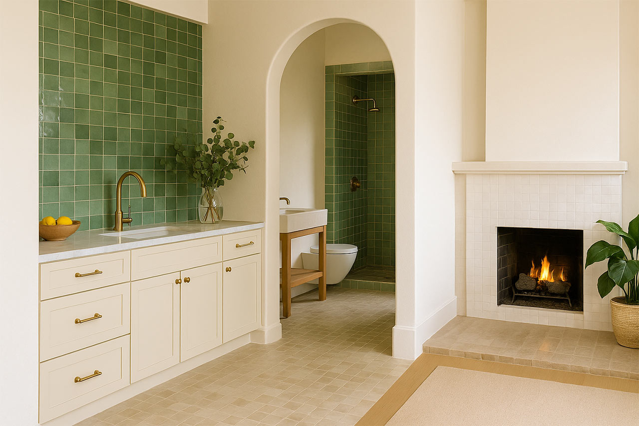 Vue d’ensemble d’un intérieur : cuisine avec crédence en zellige vert brillant, arcade menant à une douche murale en zellige